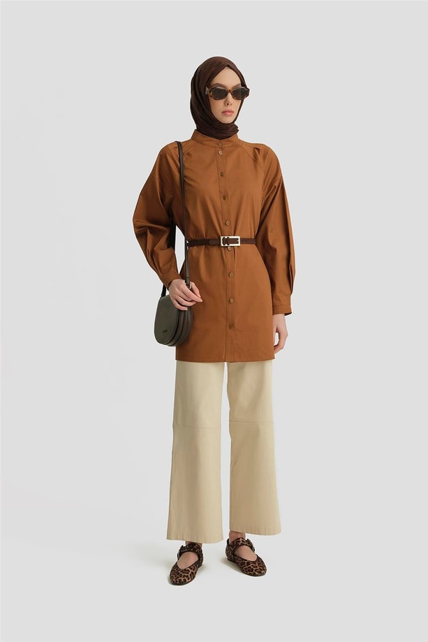 Armine Kolu Plili Hakim Yaka Tunik 25Y4612 Taba