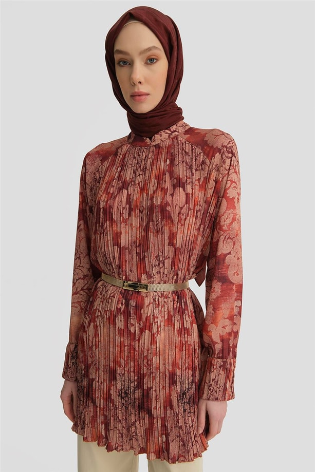 Armine Desenli ve Pliseli Tunik 25Y4614 Koyu Kırmızı