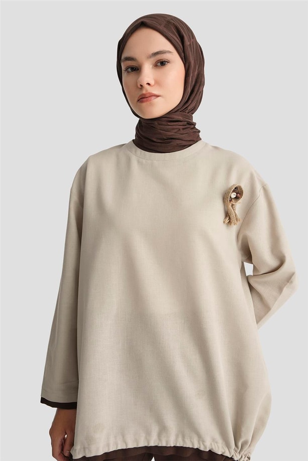 Armine Broşlu Keten Tunik 25Y4620 Taş