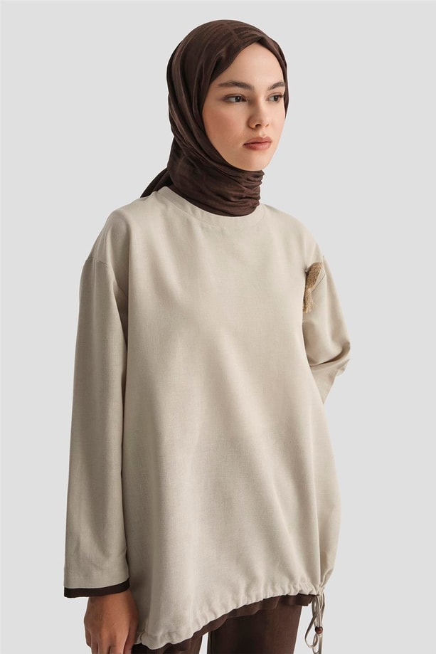Armine Broşlu Keten Tunik 25Y4620 Taş