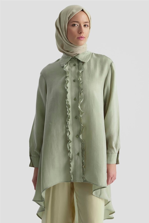 Armine Asimetrik Cupra Tunik 25Y4624 Puslu Yeşil