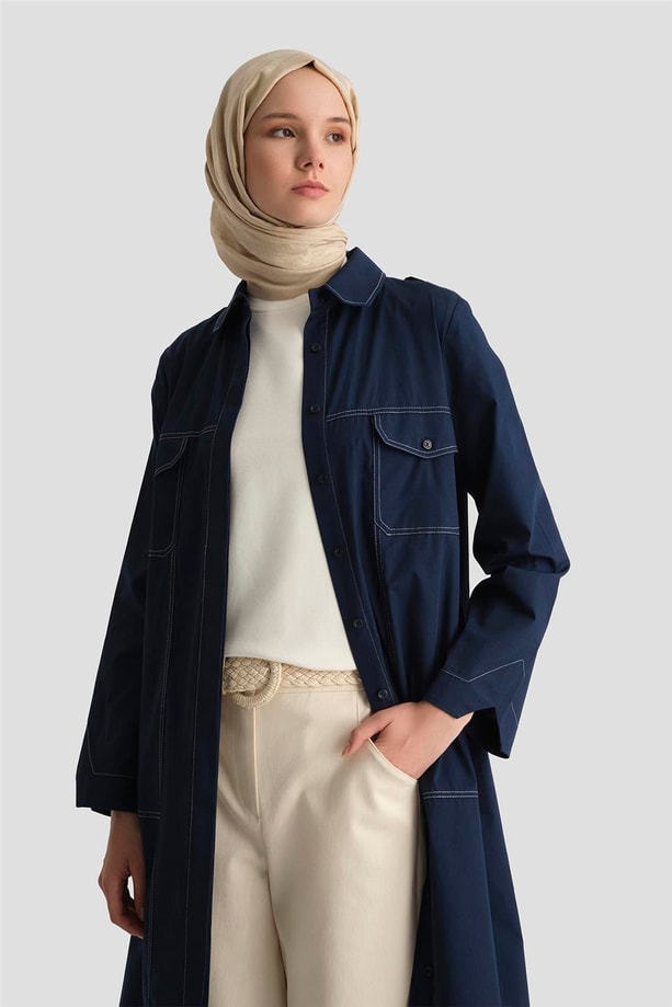 Armine Kontrast Dikişli Pamuk Tunik Elbise 25Y4705 Lacivert