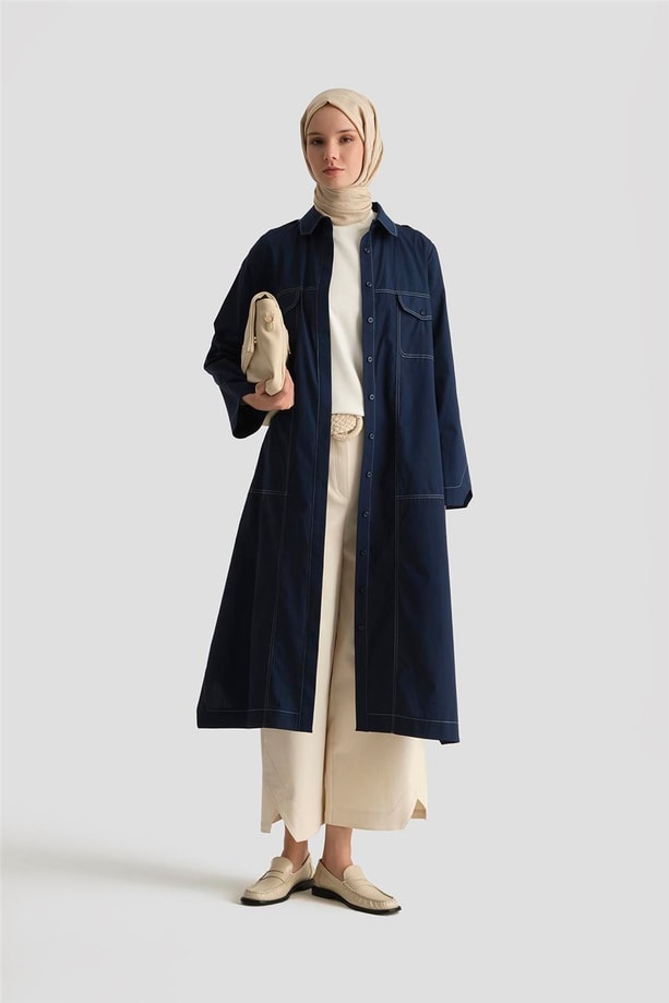 Armine Kontrast Dikişli Pamuk Tunik Elbise 25Y4705 Lacivert