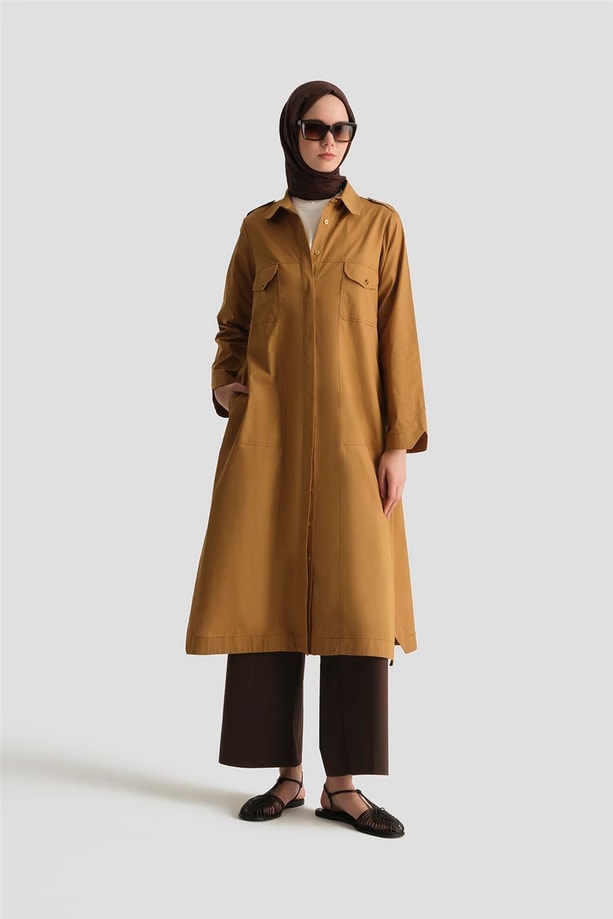 Armine Kontrast Dikişli Pamuk Tunik Elbise 25Y4705 Sahra