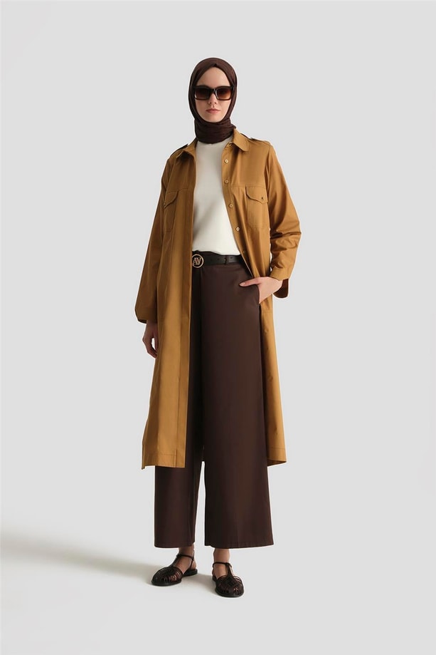 Armine Kontrast Dikişli Pamuk Tunik Elbise 25Y4705 Sahra