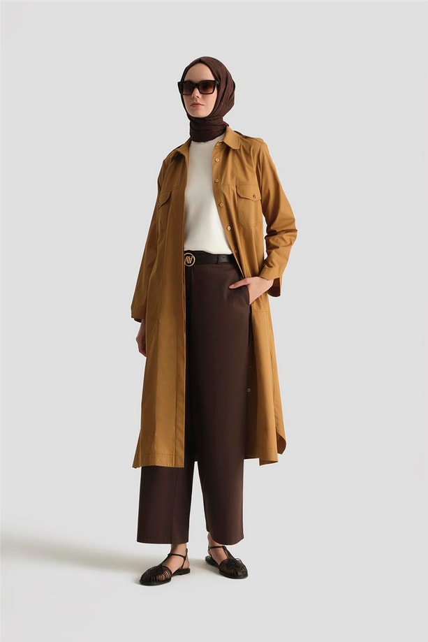 Armine Kontrast Dikişli Pamuk Tunik Elbise 25Y4705 Sahra