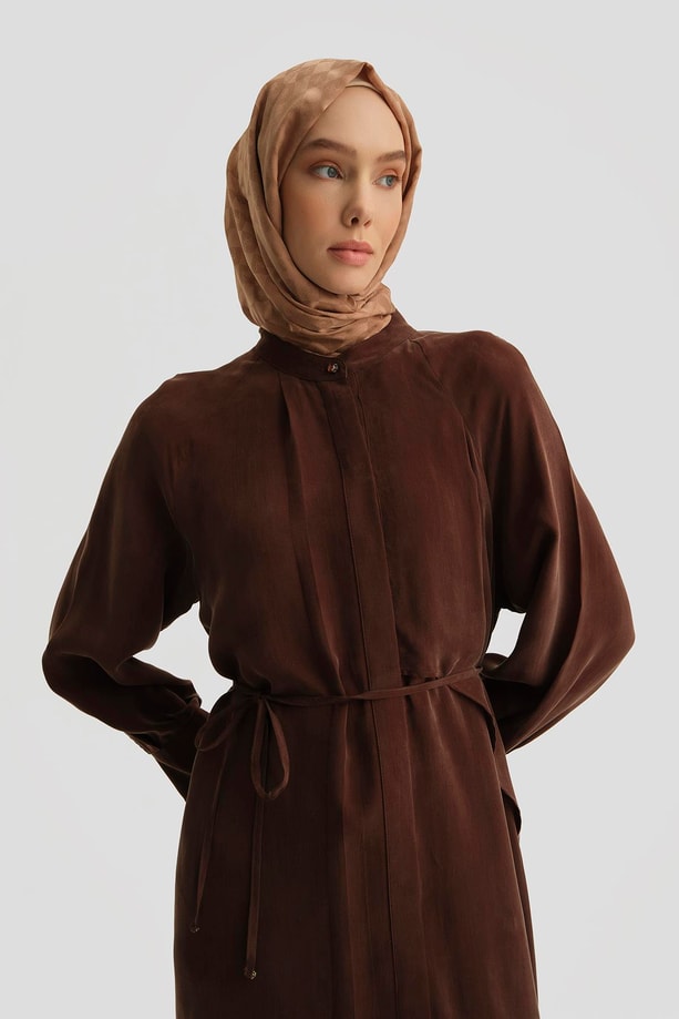 Armine Asimetrik Allerli Cupra Tunik Elbise 25Y4706 Kahverengi