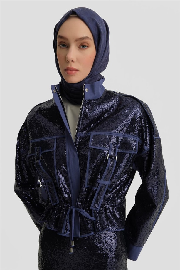 Armine Kumaş Mixli Payetli Ceket 25Y5916 Puslu Mor