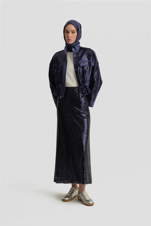 Armine Kumaş Mixli Payetli Ceket 25Y5916 Puslu Mor