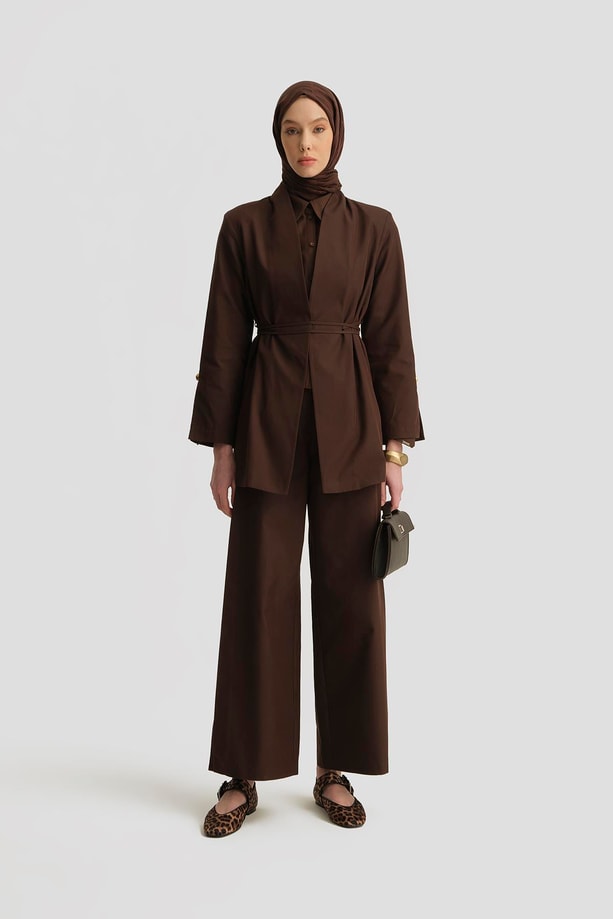 Armine Beli Bağlamalı Blazer Takım 25Y6007 Kahverengi