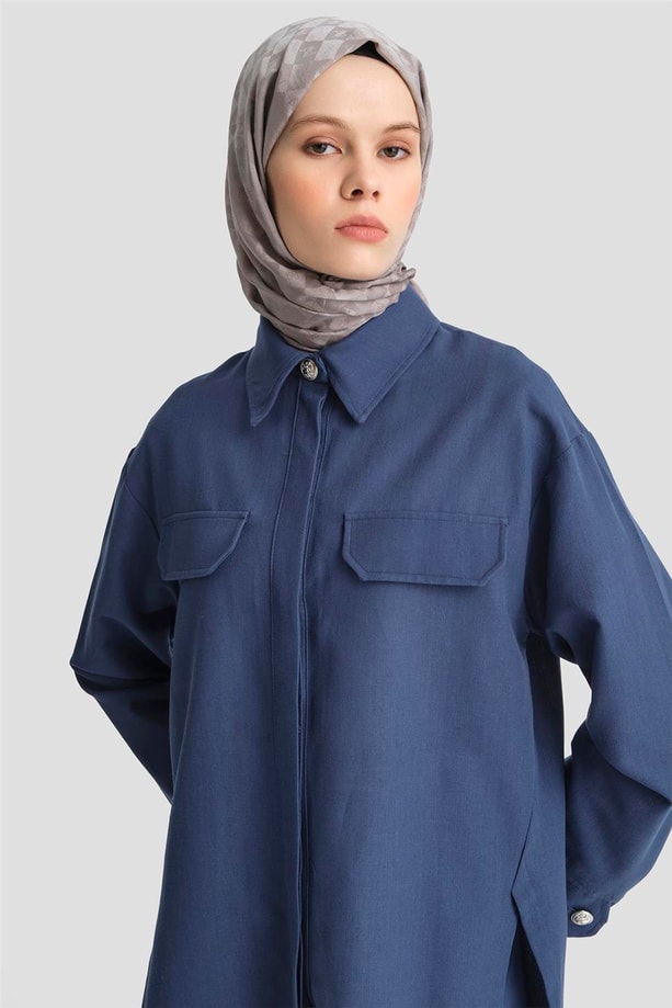 Armine Kup Detaylı Keten Takım 25Y6017 Lacivert