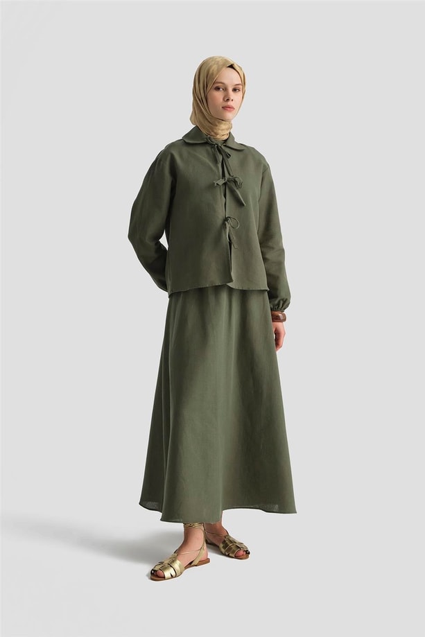 Armine Fiyonk detaylı 3'lü Keten Takım 25Y6049 Haki