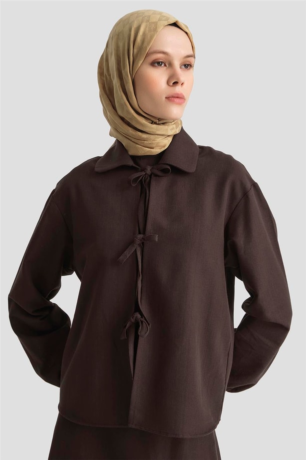 Armine Fiyonk detaylı 3'lü Keten Takım 25Y6049 Kakao