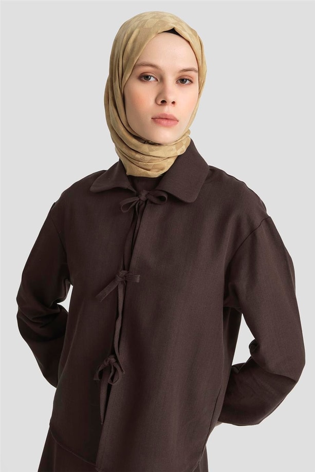 Armine Fiyonk detaylı 3'lü Keten Takım 25Y6049 Kakao