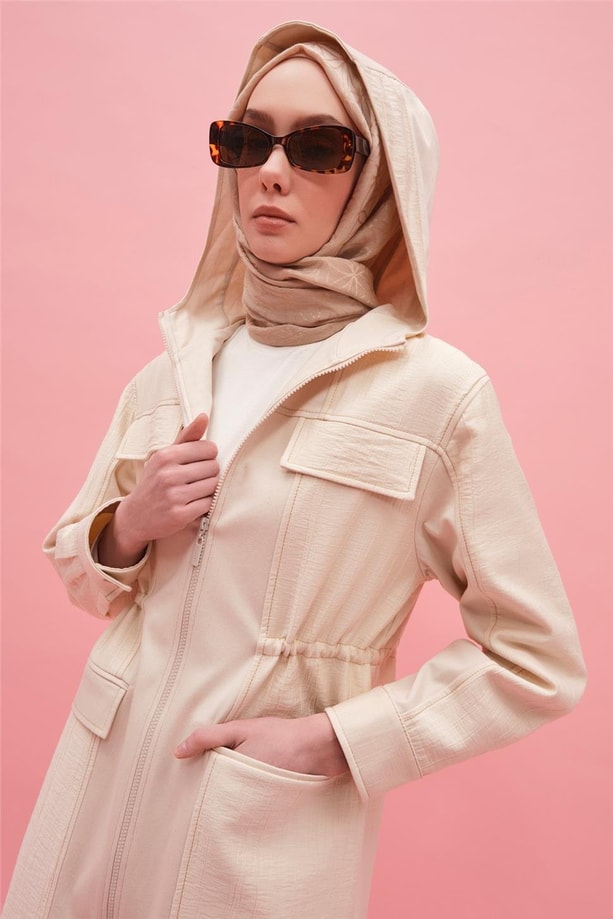 Armine Kapüşonlu Garnili Beli Bağcıklı Kap 25Y7812 Naturel