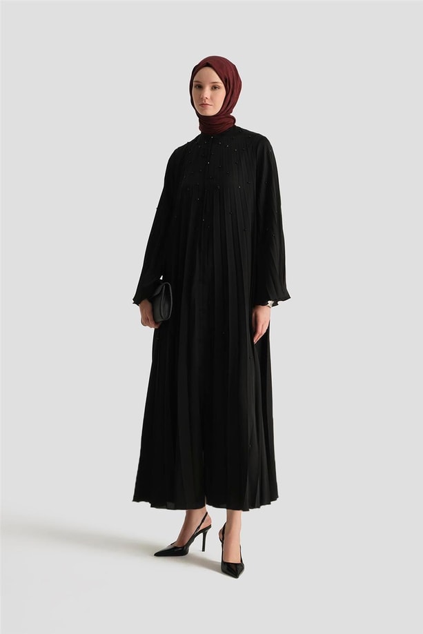 Armine Taş İşlemeli Piliseli Abaya 25Y8302 Siyah