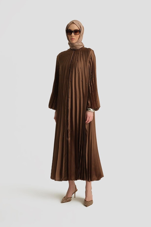 Armine Taş İşlemeli Piliseli Abaya 25Y8302 Açık Kahve