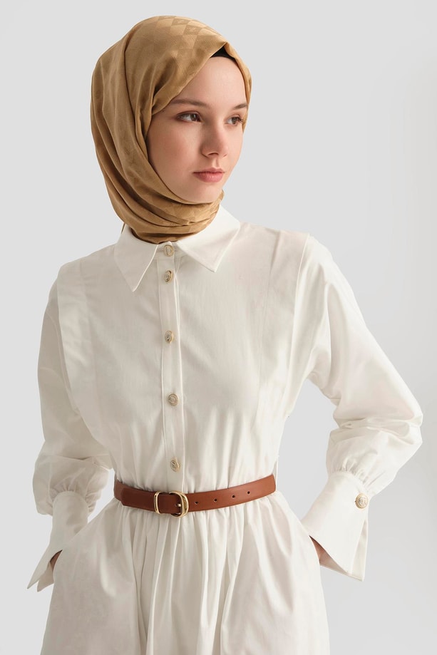 Armine Omuz Allerli Pamuk Elbise 25Y9002 Beyaz