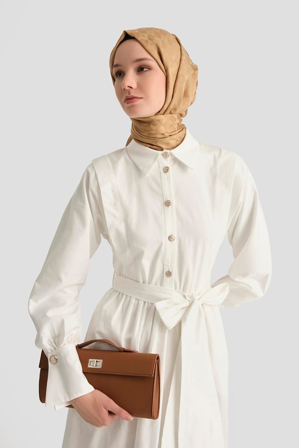 Armine Omuz Allerli Pamuk Elbise 25Y9002 Beyaz