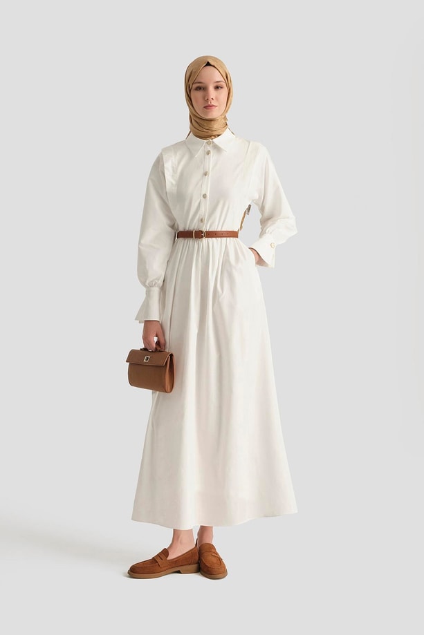 Armine Omuz Allerli Pamuk Elbise 25Y9002 Beyaz