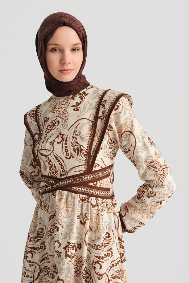 Armine Çoban Dikişli Keten Desenli Elbise 25Y9008 Kahverengi