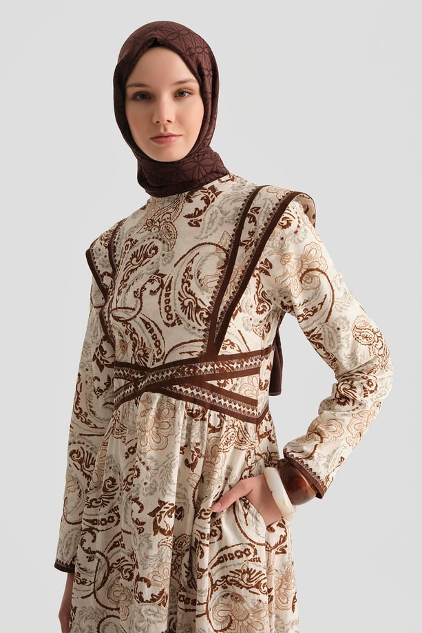 Armine Çoban Dikişli Keten Desenli Elbise 25Y9008 Kahverengi