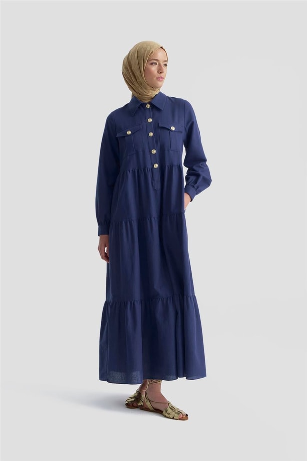 Armine Katlı Keten Elbise 25Y9012 Lacivert