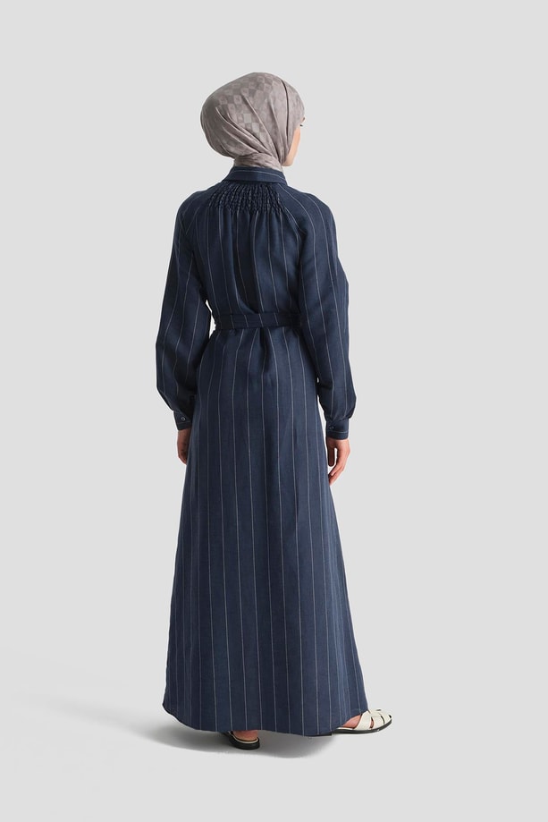 Armine Çizgili Keten Elbise 25Y9019 Lacivert