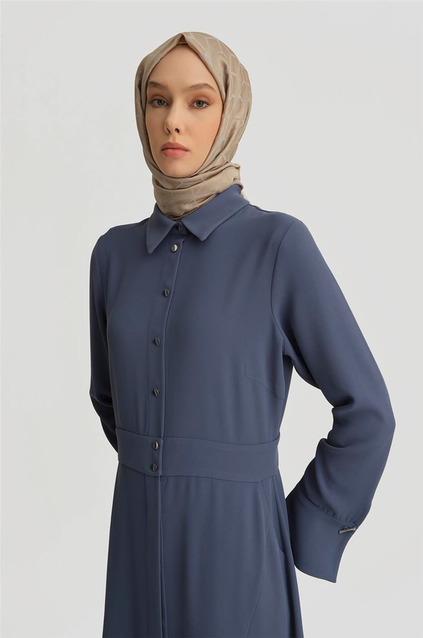 Armine Beli Kesik Yakalı Kuplu Elbise 25Y9020 İndigo