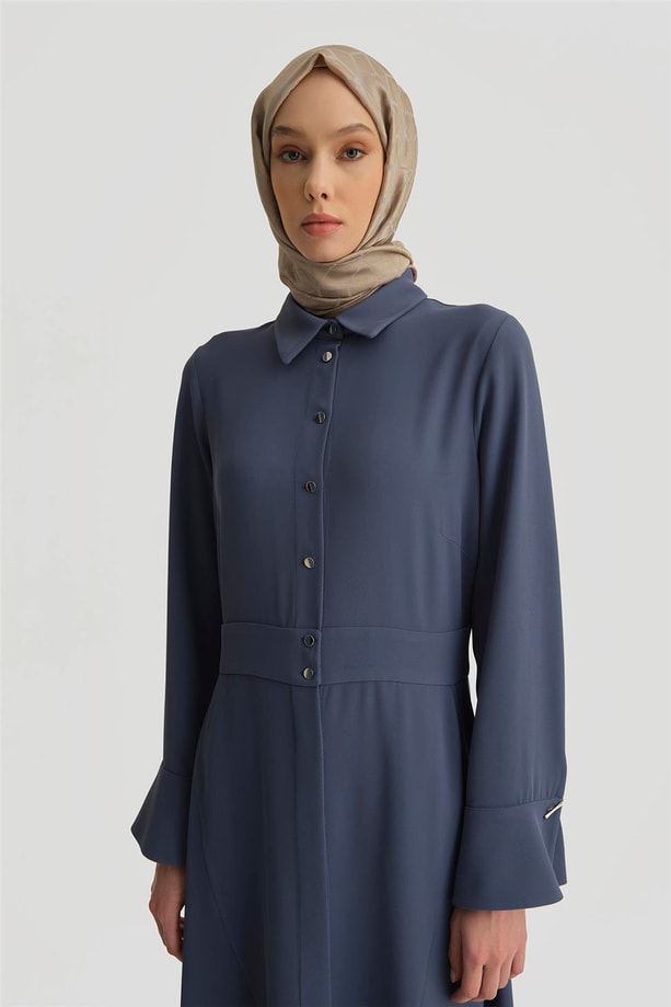 Armine Beli Kesik Yakalı Kuplu Elbise 25Y9020 İndigo