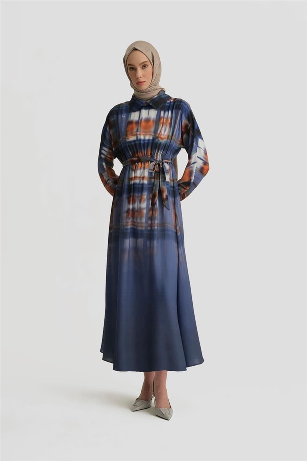 Armine Degrade Detaylı Desenli Elbise 25Y9022 Puslu Mor