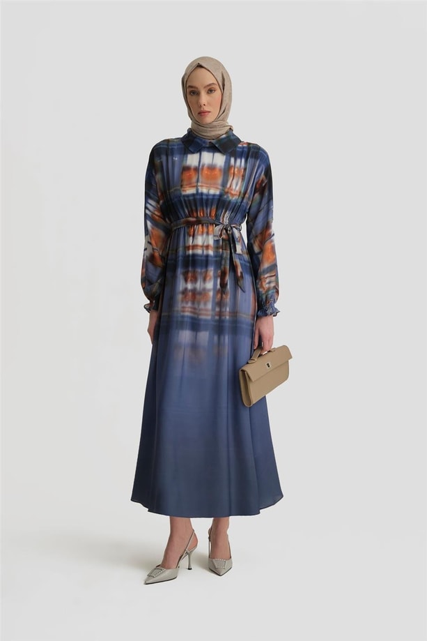 Armine Degrade Detaylı Desenli Elbise 25Y9022 Puslu Mor