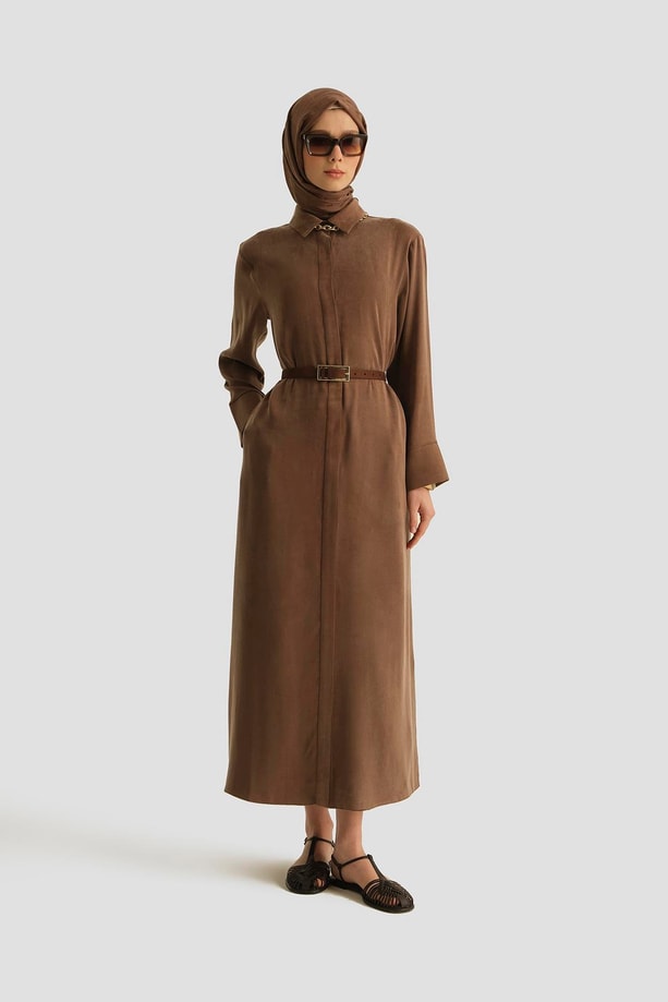 Armine Önü İşlemeli Elbise 259028 Açık Kahve