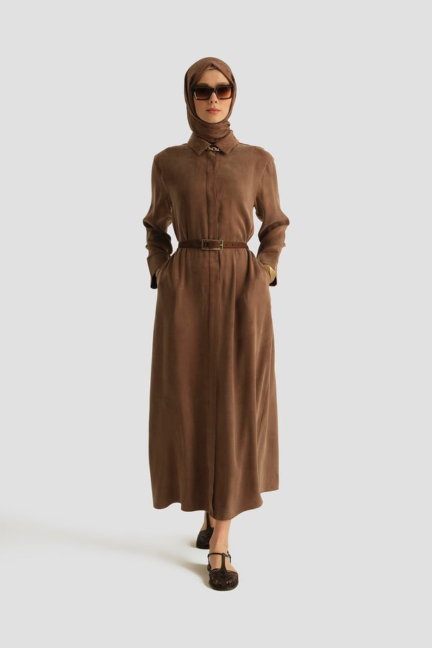 Armine Önü İşlemeli Elbise 259028 Açık Kahve