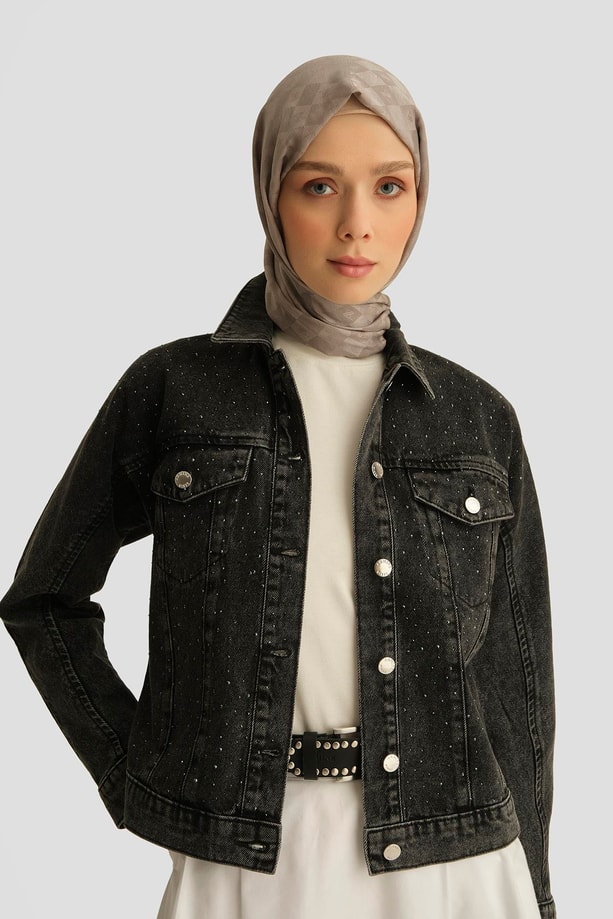 Armine Taş İşlemeli Denim Ceket 25YD9117 Antrasit