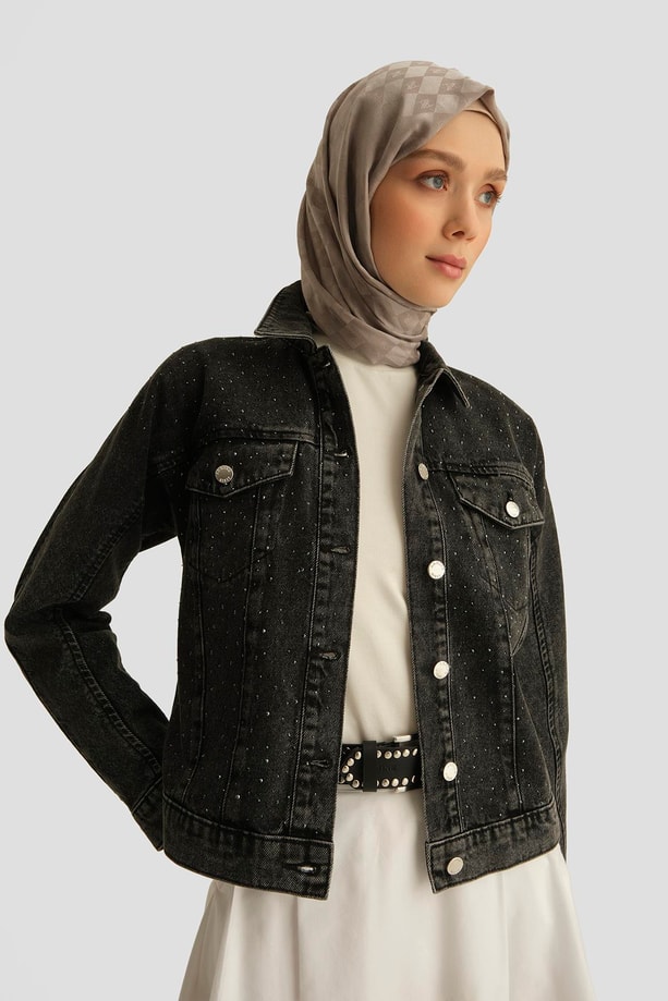 Armine Taş İşlemeli Denim Ceket 25YD9117 Antrasit