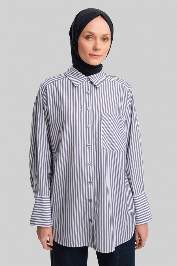 Armine Kalın Çizgili Gömlek 23K3440-1 Lacivert
