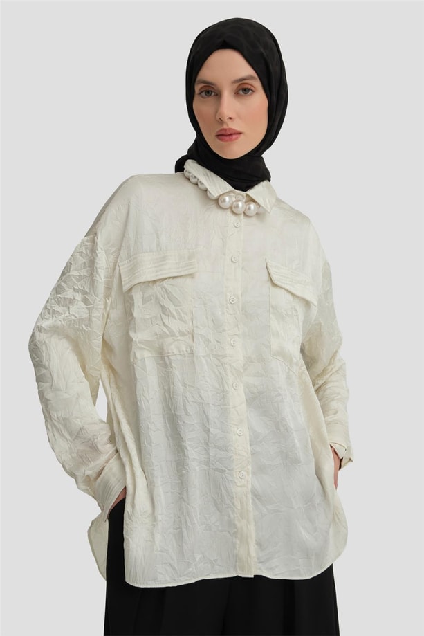 Armine Cep Kapaklı Oversize Gömlek ORT3634 Ekru