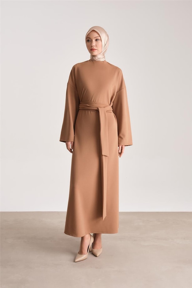 Armine Örme Beli Çift Bağlamalı Elbise ORT9727 Camel