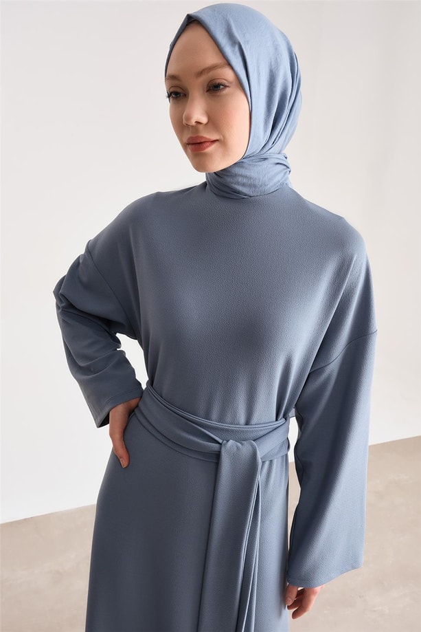 Armine Örme Beli Çift Bağlamalı Elbise ORT9727 İndigo