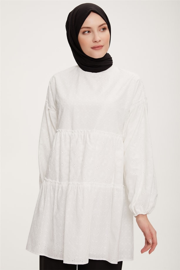 Armine Katlı Brode Tunik 22K4856 Ekru