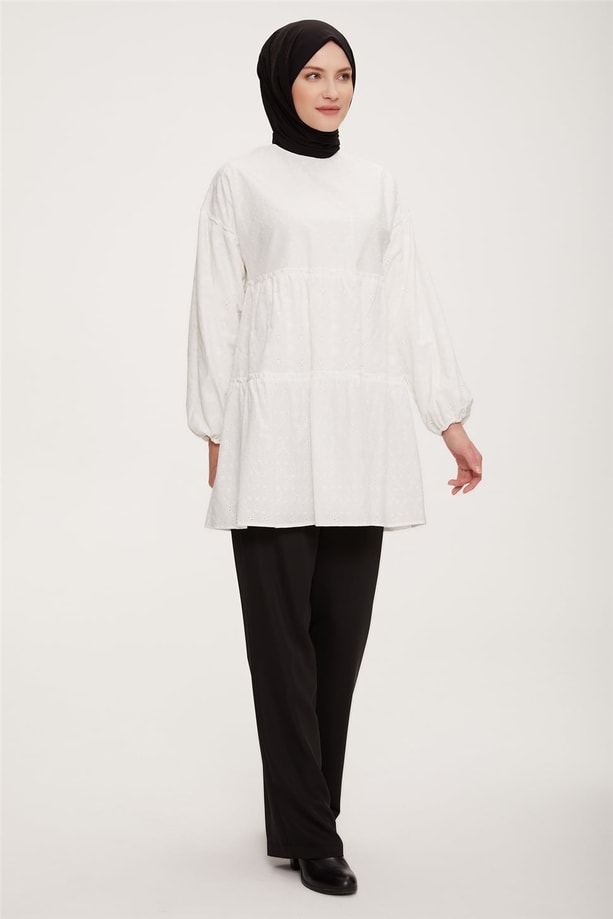 Armine Katlı Brode Tunik 22K4856 Ekru