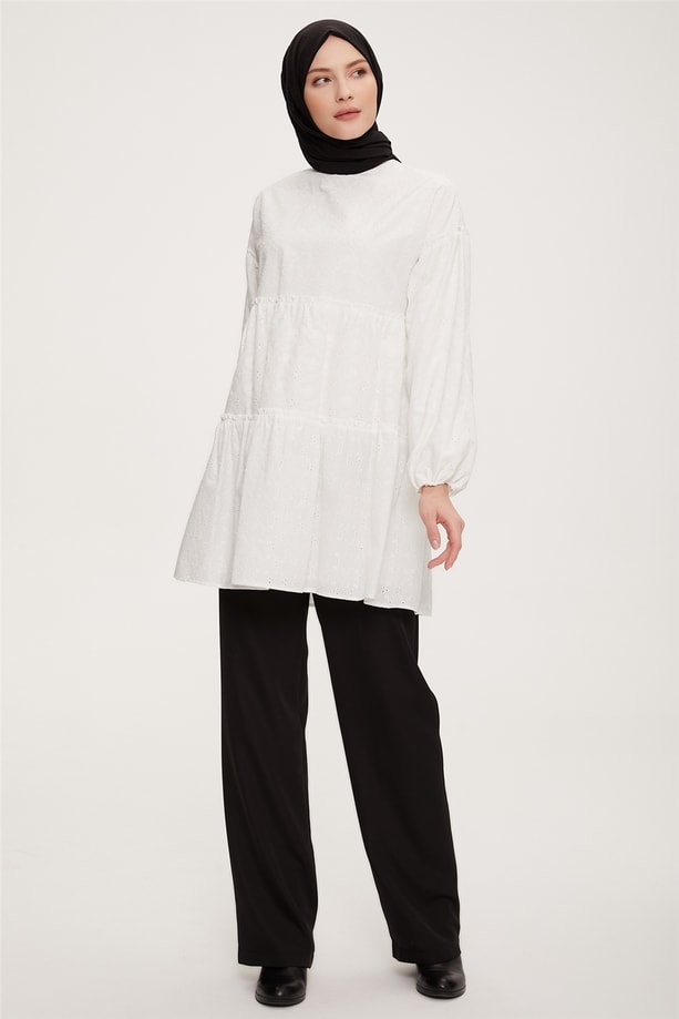 Armine Katlı Brode Tunik 22K4856 Ekru