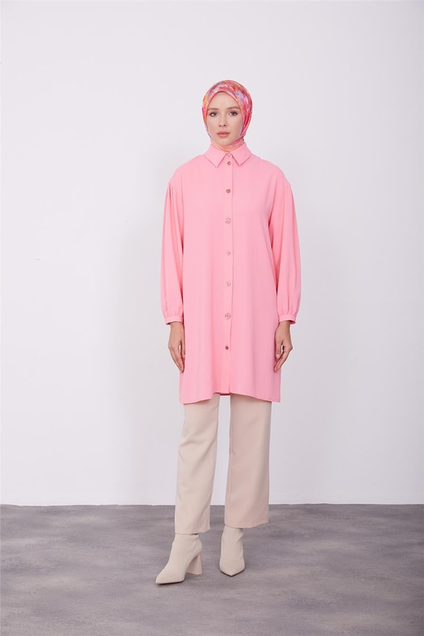 Boyut düğmeli tunik 23K4706 Şeker Pembe