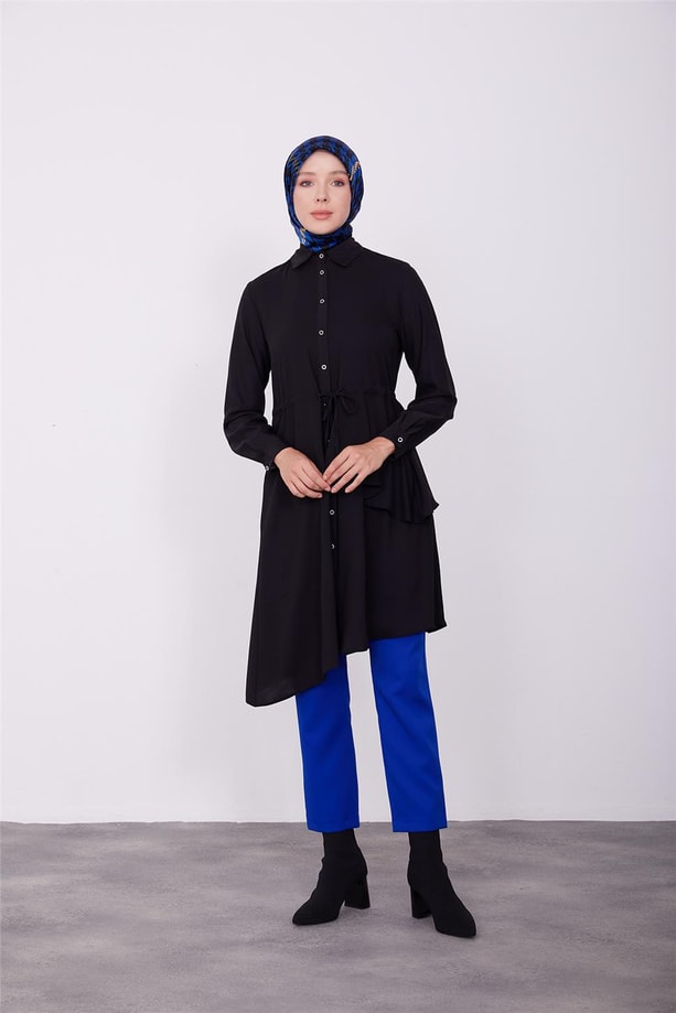Beli tünelli asimetrik tunik 23K4707 Siyah