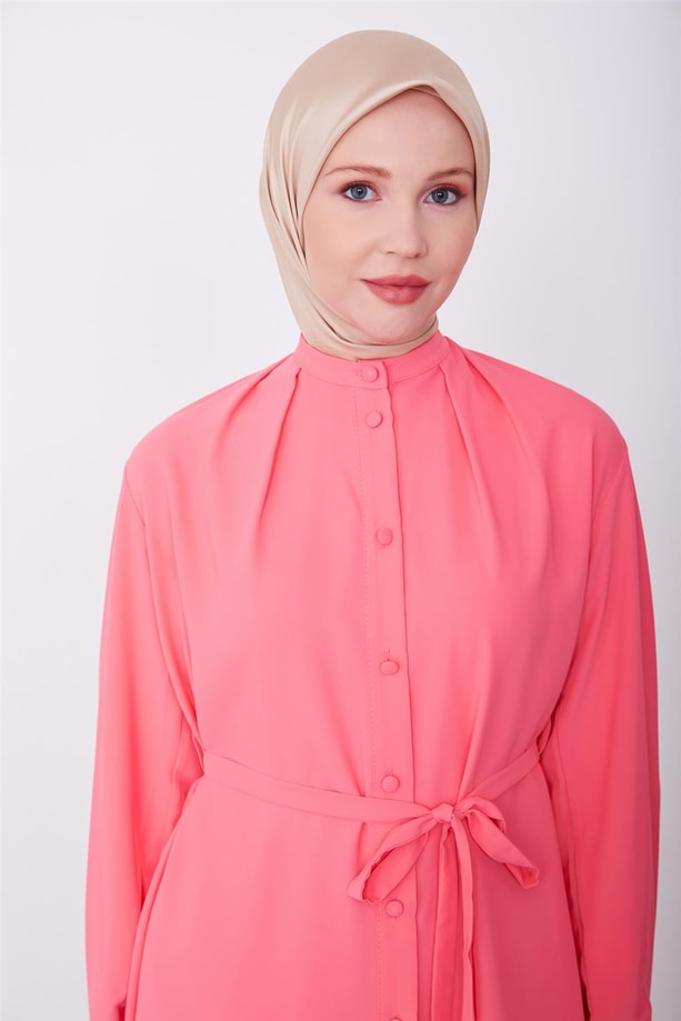 Armine Yakası ve Manşeti Pileli Tunik 23K4717 Koyu Pembe