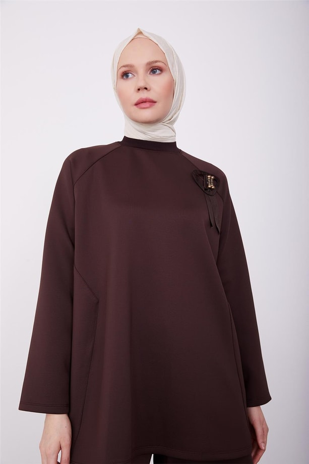 Armine Broş Detaylı Tunik 23K4722 Acı Kahve