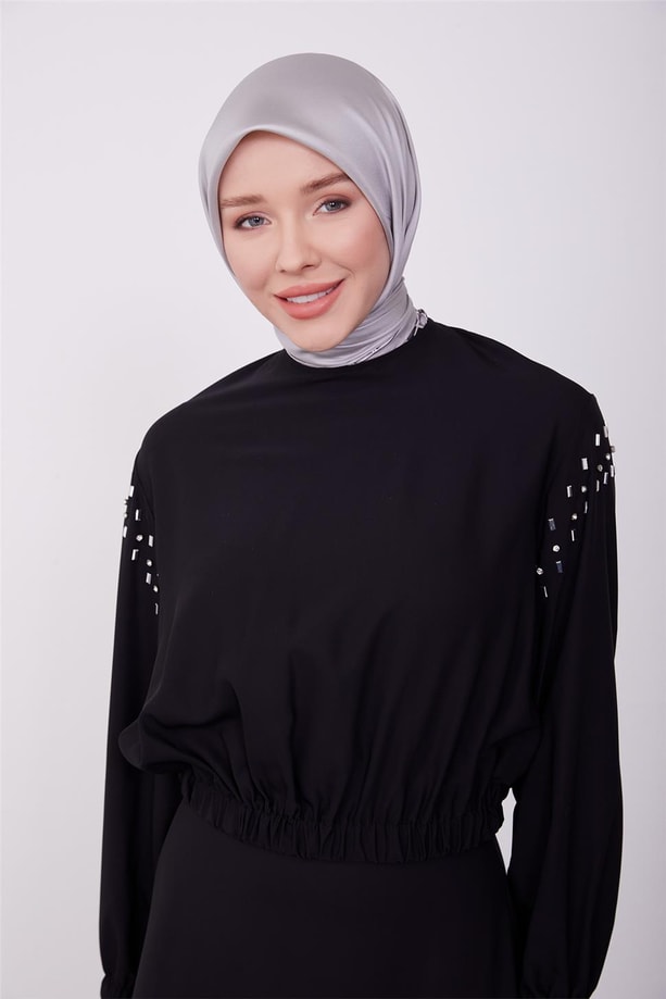 Vatkalı ve taşlı bluz etek takım 23K6736 Siyah