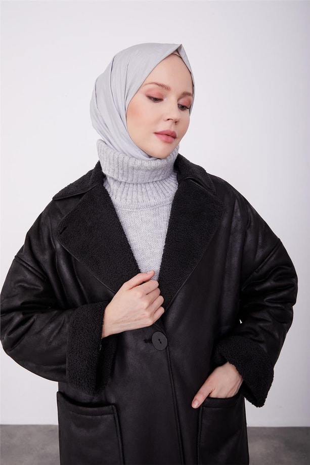 Çift taraflı kürklü süet kaban 23K7204 Siyah