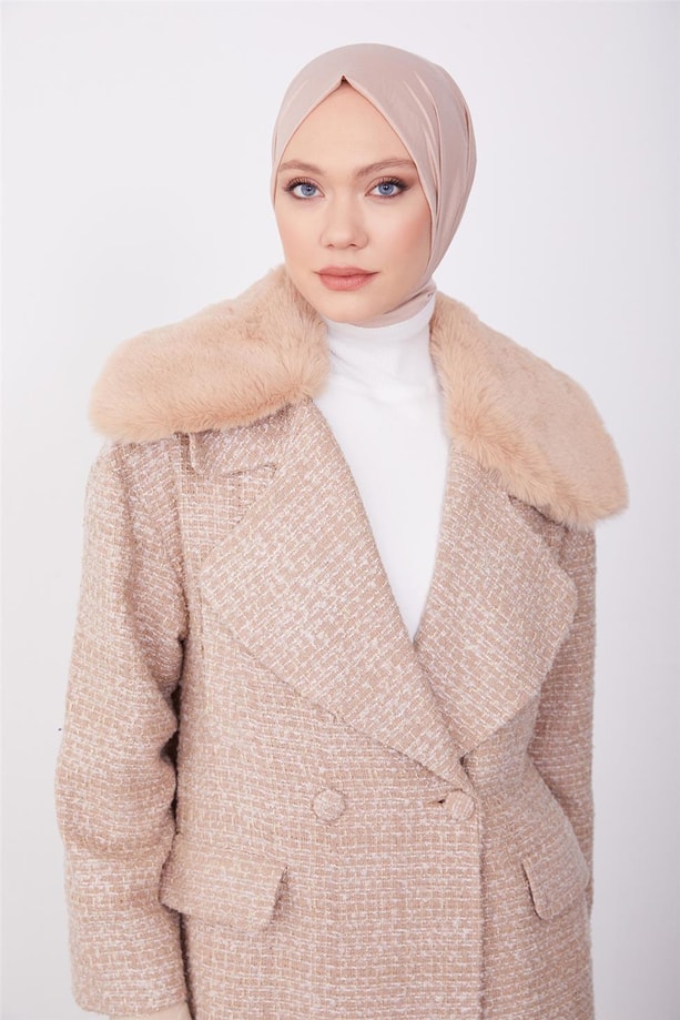 Armine Seyyar Kürklü Buklet Kaban 23K7224 Bej